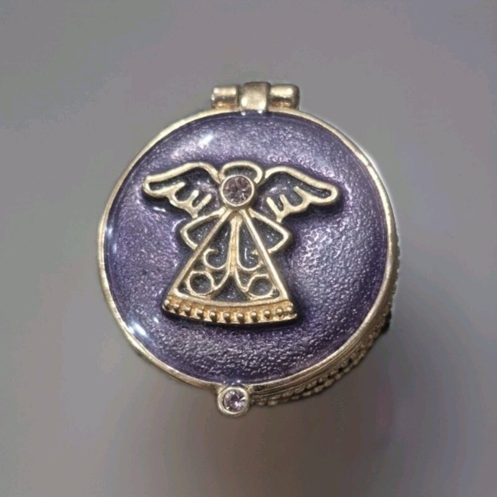 PURPLE Pearl Inlay small Hinged Trinket Box with ANGEL & crystal round 1-1/2"
